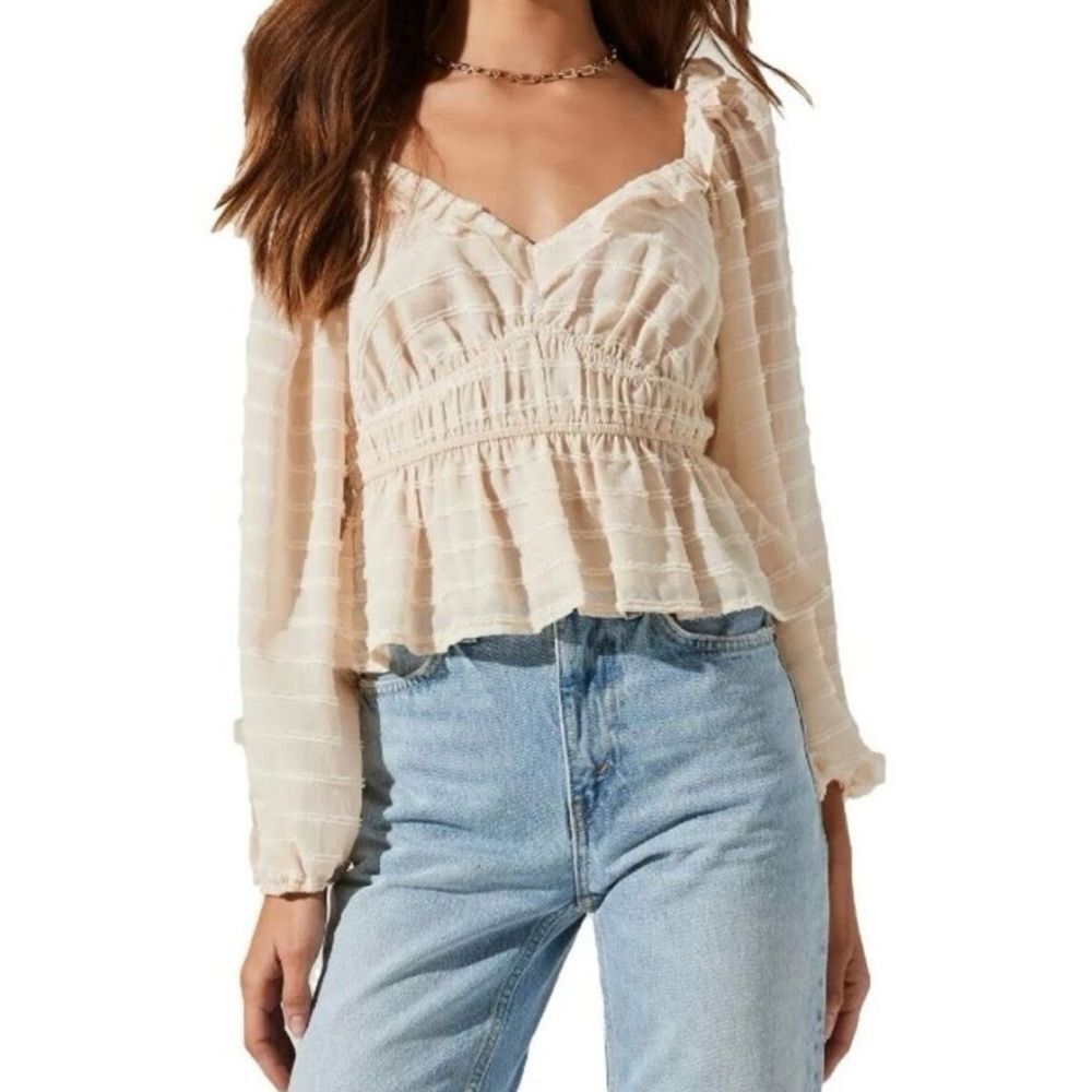 ASTR The Label Metallic Cream Bell Sleeve Smocked Blouse